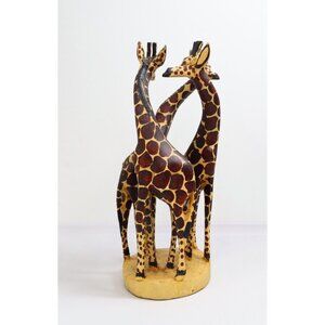 Hand Carved Painted Wooden 3 Giraffe Figurine Statute Dancing Mating Circle‎ 12"